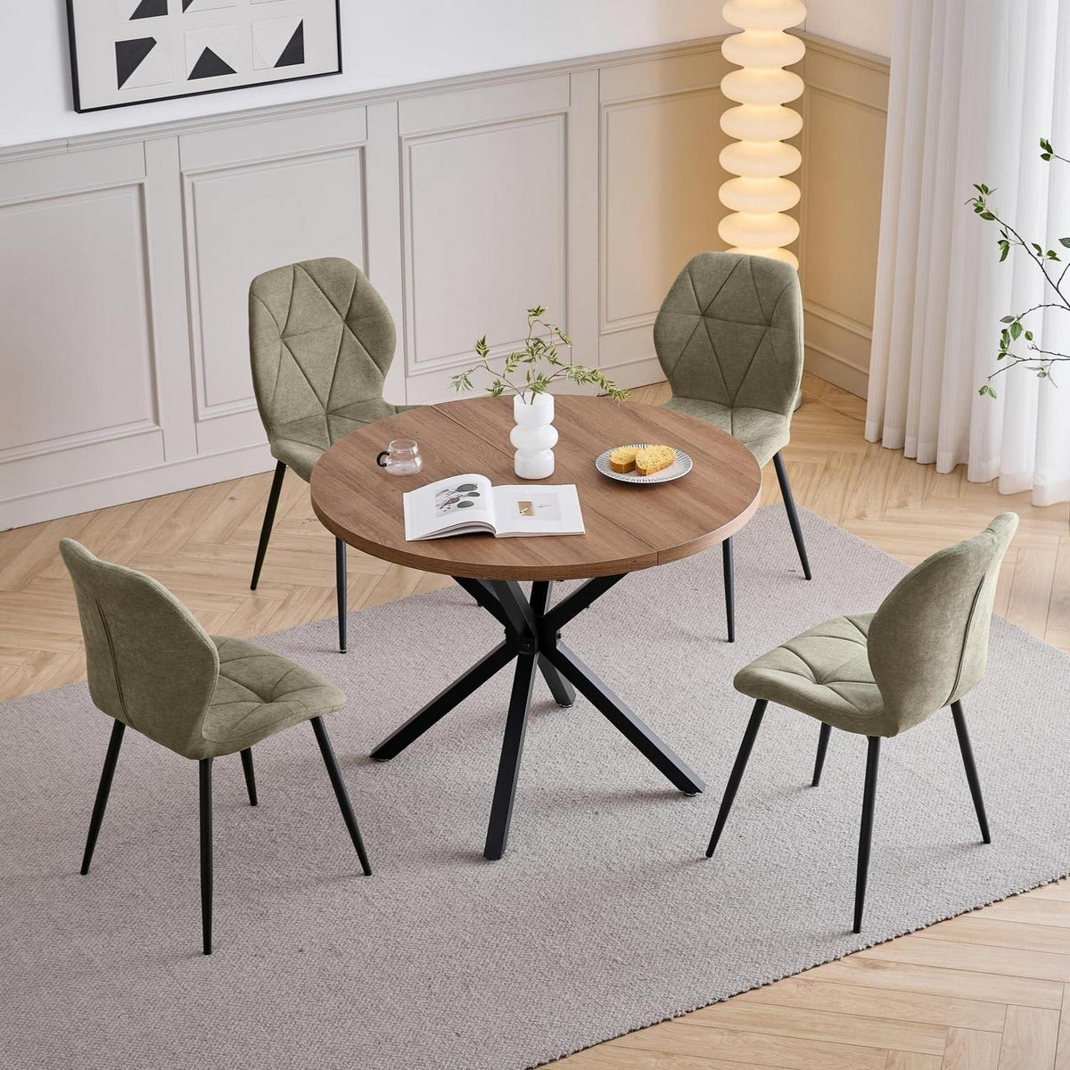 Runder Esstisch Set 100cm & 4 Moderne Leinenstühle Dunkelgrün