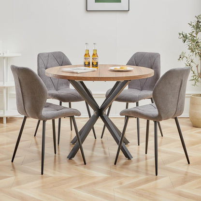 Runder Esstisch Set 100cm & 4 Moderne Leinenstühle Dunkelgrau