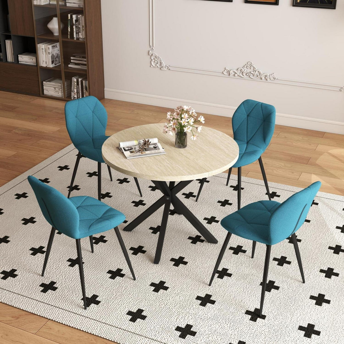 Runder Esstisch Set 100cm + 4 Moderne Leinenstühle (Gelb/Blau)