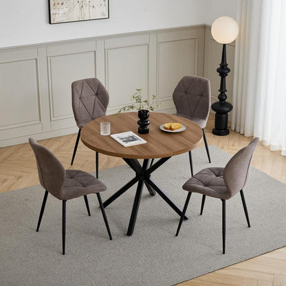 Runder Esstisch Set 100cm & 4 Moderne Leinenstühle Braun