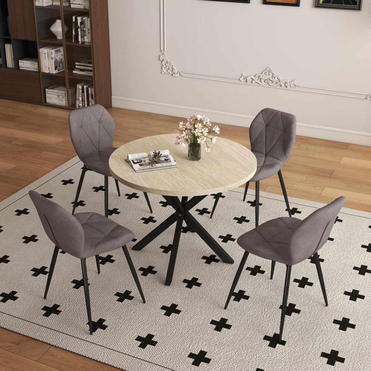 Runder Esstisch Set 100cm & 4 Moderne Leinenstühle (Gelb/Dunkelgrau)