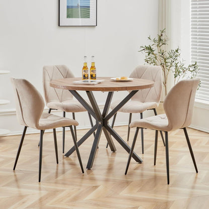 Runder Esstisch Set 100cm & 4 Moderne Leinenstühle Dunkel+Khaki