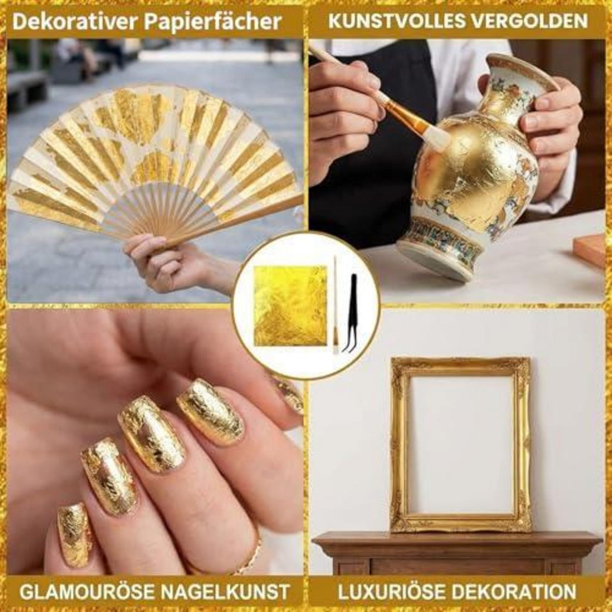 200 Blatt Blattgold Set mit Pinzette & Pinsel – Basteln & Dekorieren