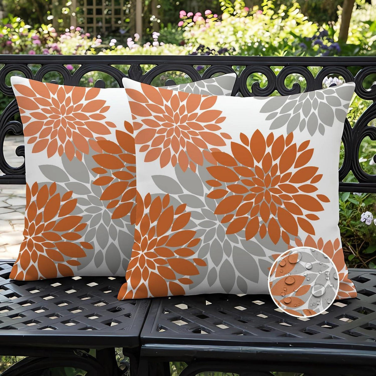 2er Set Outdoor Kissenbezug Orange Dahlien 40x40 cm
