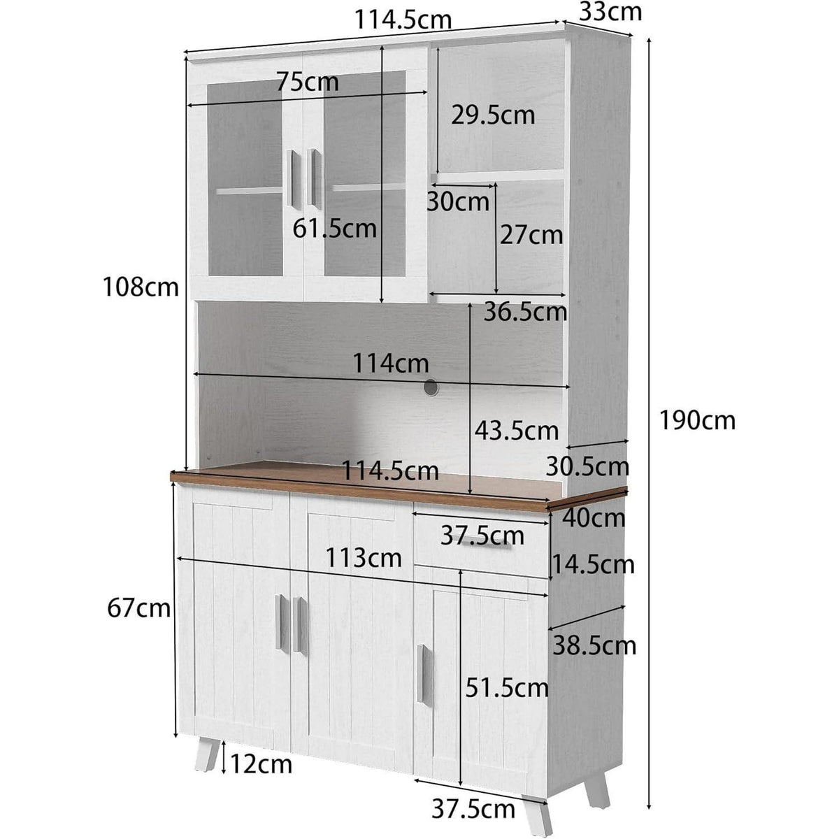 Weißes Sideboard mit Glastüren | 114x40x190 cm | Rustikaler Hochschrank