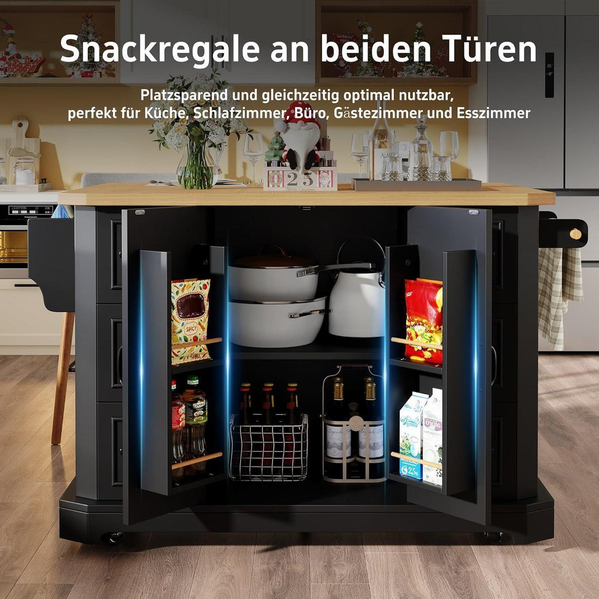 Rollbare Kücheninsel mit 2 Türen & 6 Schubladen, Schwarz