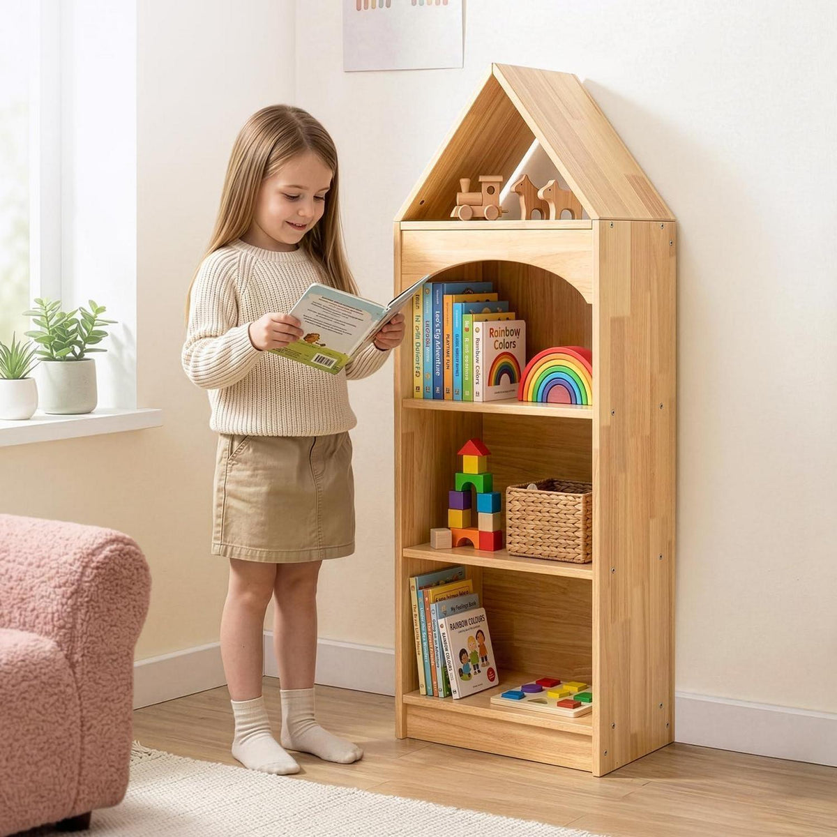 Kinderregal aus Gummiholz mit 4 Etagen – Eckregal für Kinderzimmer