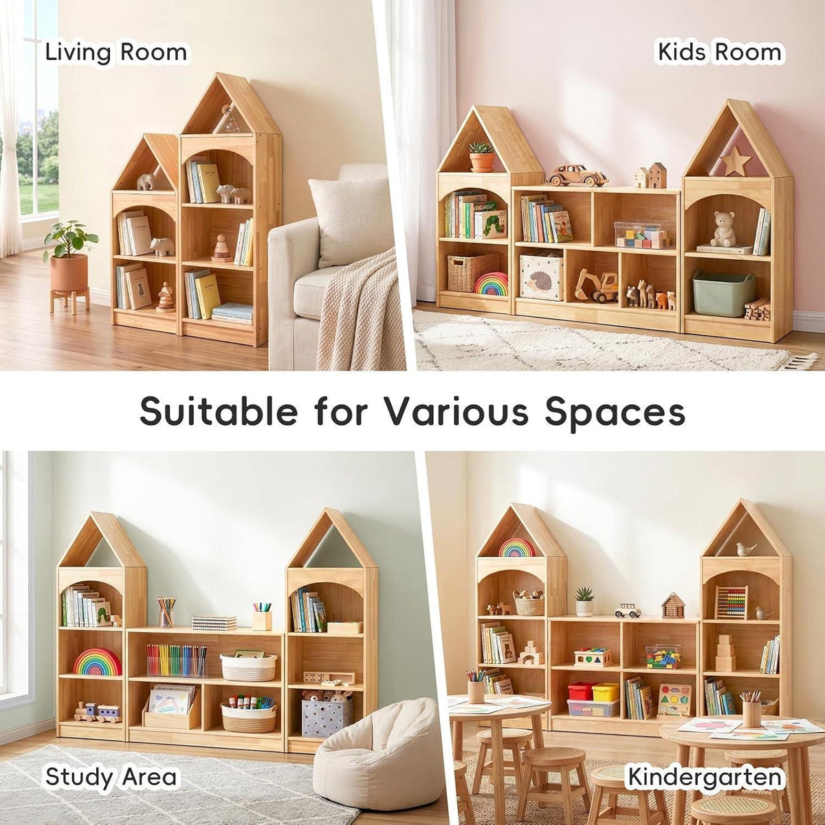 Kinderregal aus Gummiholz mit 4 Etagen – Eckregal für Kinderzimmer