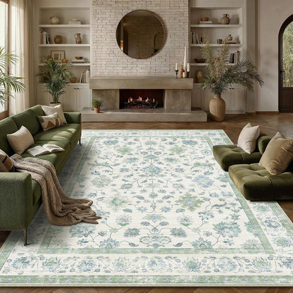 Waschbarer Teppich Blassgrün 300x400cm - Vintage Wohnzimmerteppich