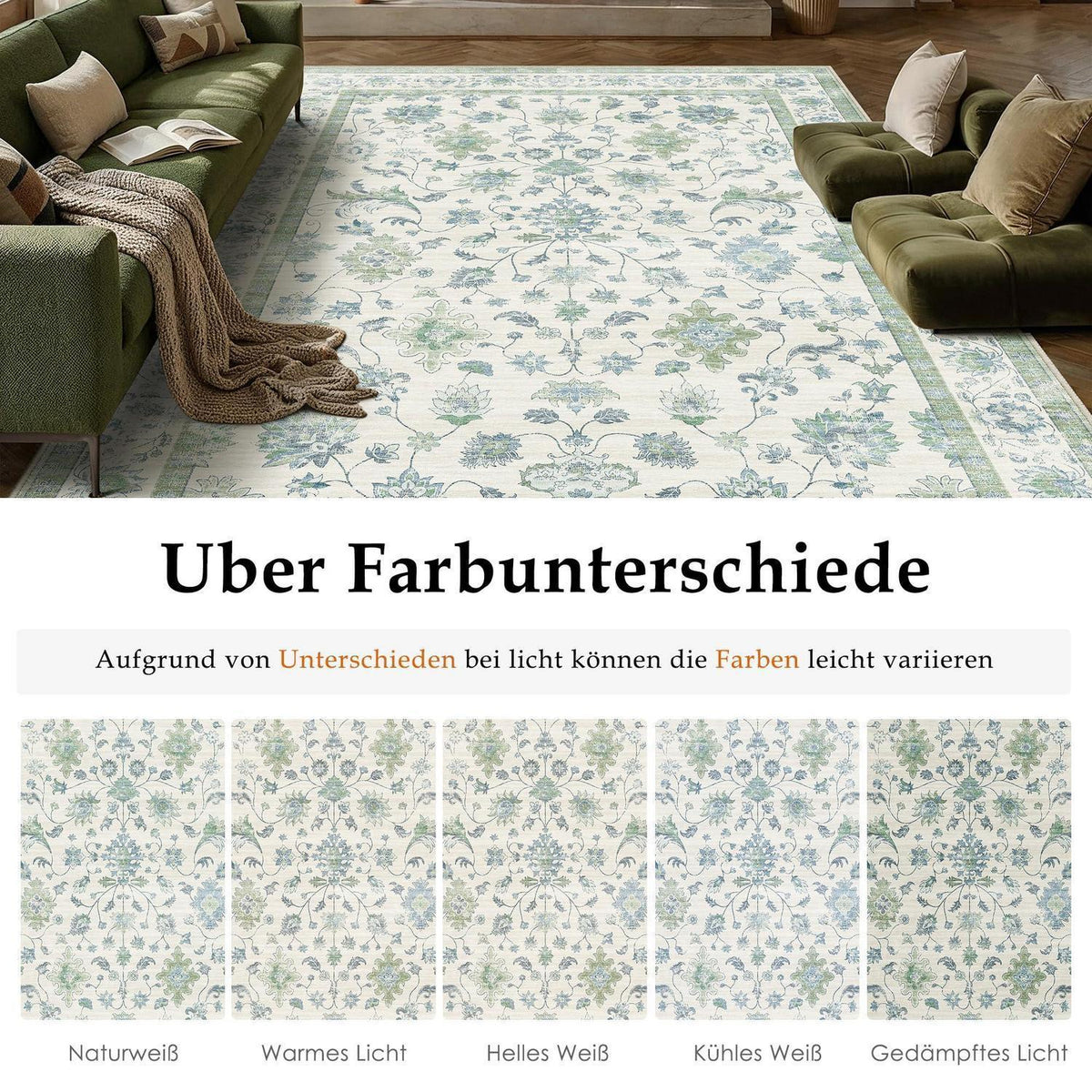 Waschbarer Teppich Blassgrün 300x400cm - Vintage Wohnzimmerteppich