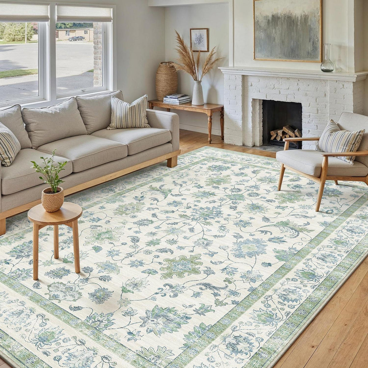 Waschbarer Teppich Blassgrün 300x400cm - Vintage Wohnzimmerteppich