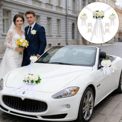 Hochzeitsauto Deko Set Weiß mit Rosen & Schleifen