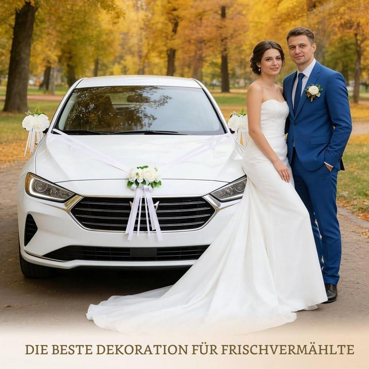 Hochzeitsauto Deko Set Weiß mit Rosen & Schleifen
