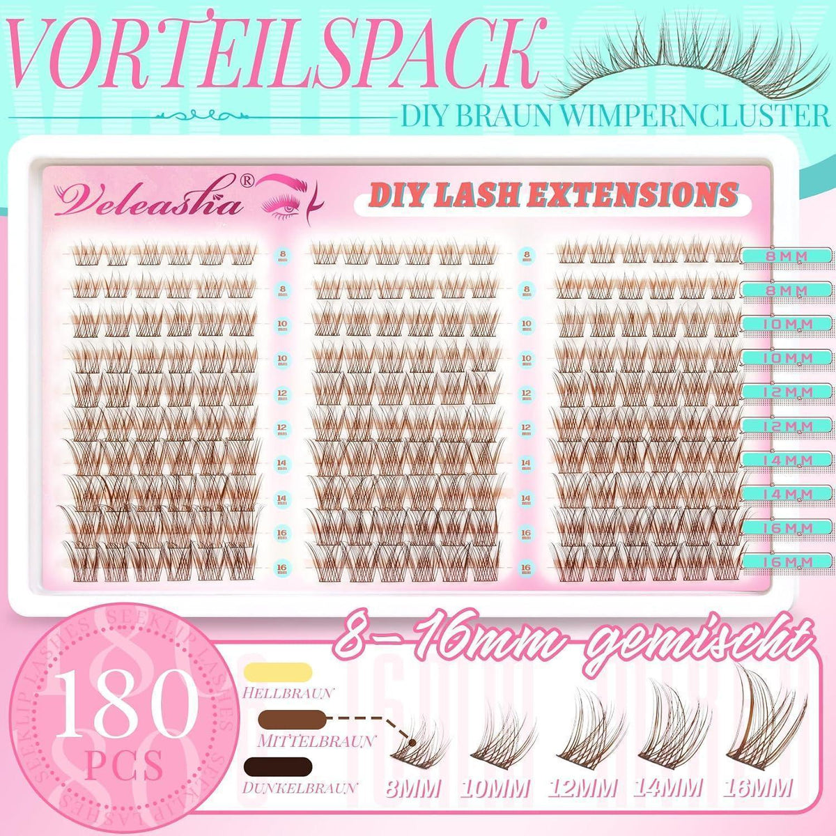 Braune Wimpern-Cluster Extensions – Natürlicher Look 8-16mm