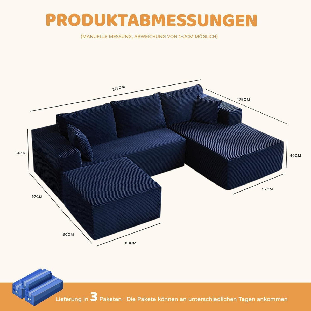 Modulares Ecksofa 272cm mit Schlaffunktion & Chaiselongue Links