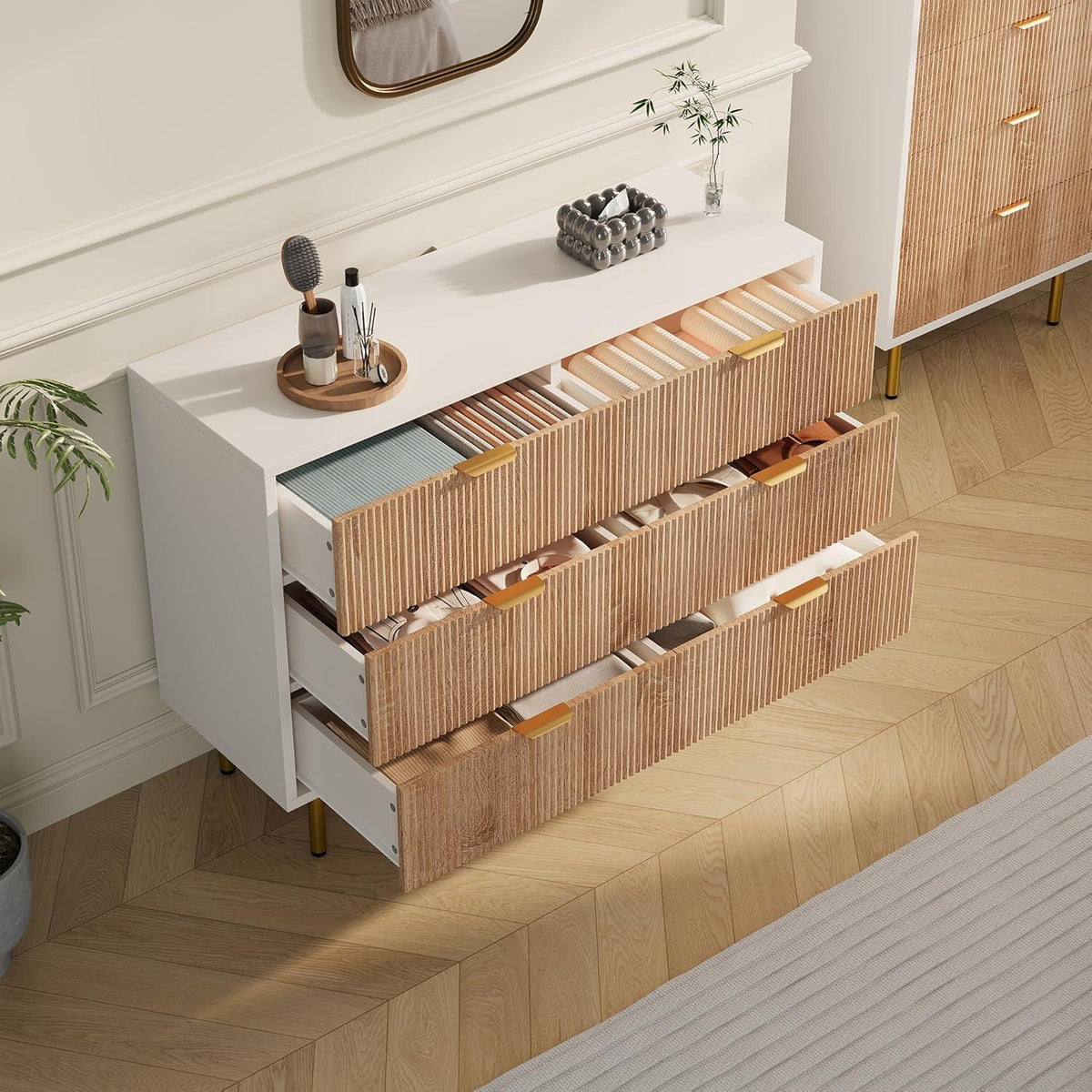 Kommode 6 Schubladen Holz Metallfüße Weiß Naturholz