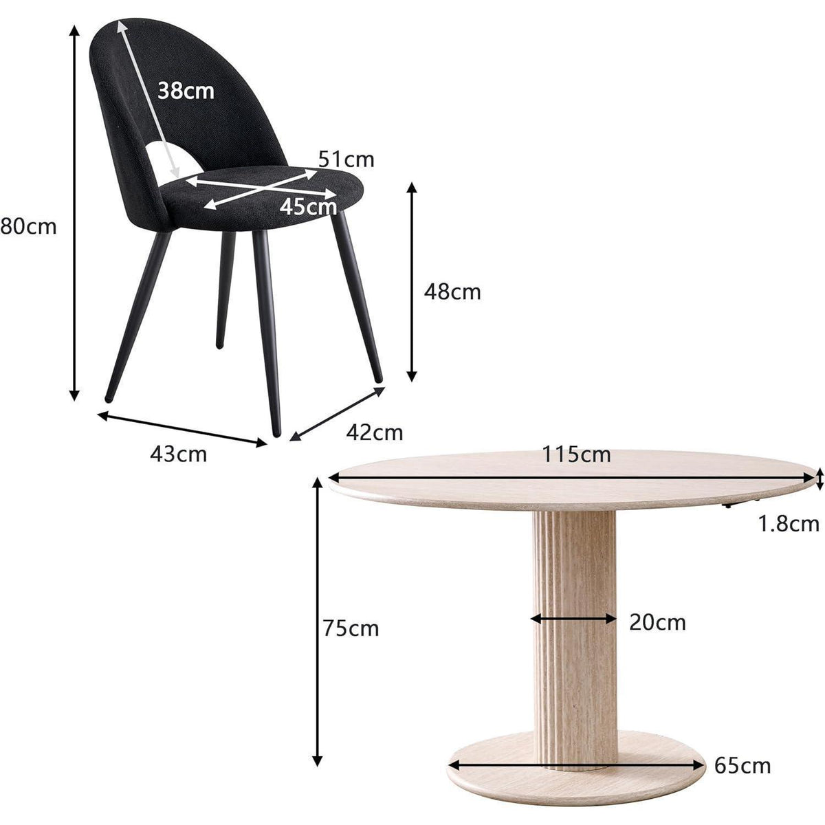 Runder Esstisch Set (115cm) mit 4 Stoffstühlen – Beige & Schwarz