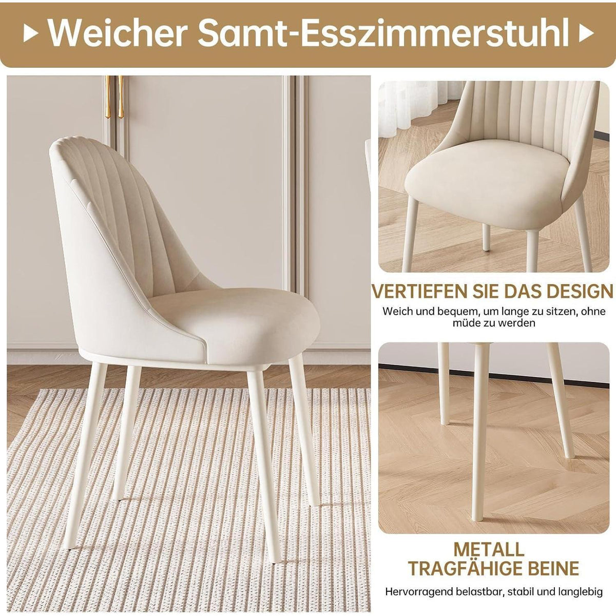 Rechteckiger Esstisch Creme mit 4 Stühlen (160 cm)
