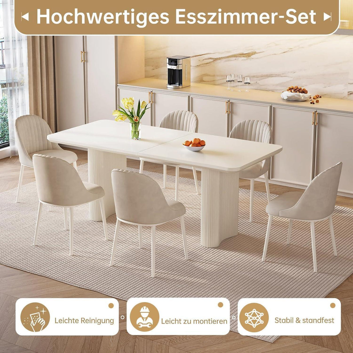 Rechteckiger Esstisch Creme mit 6 Stühlen (160 cm)
