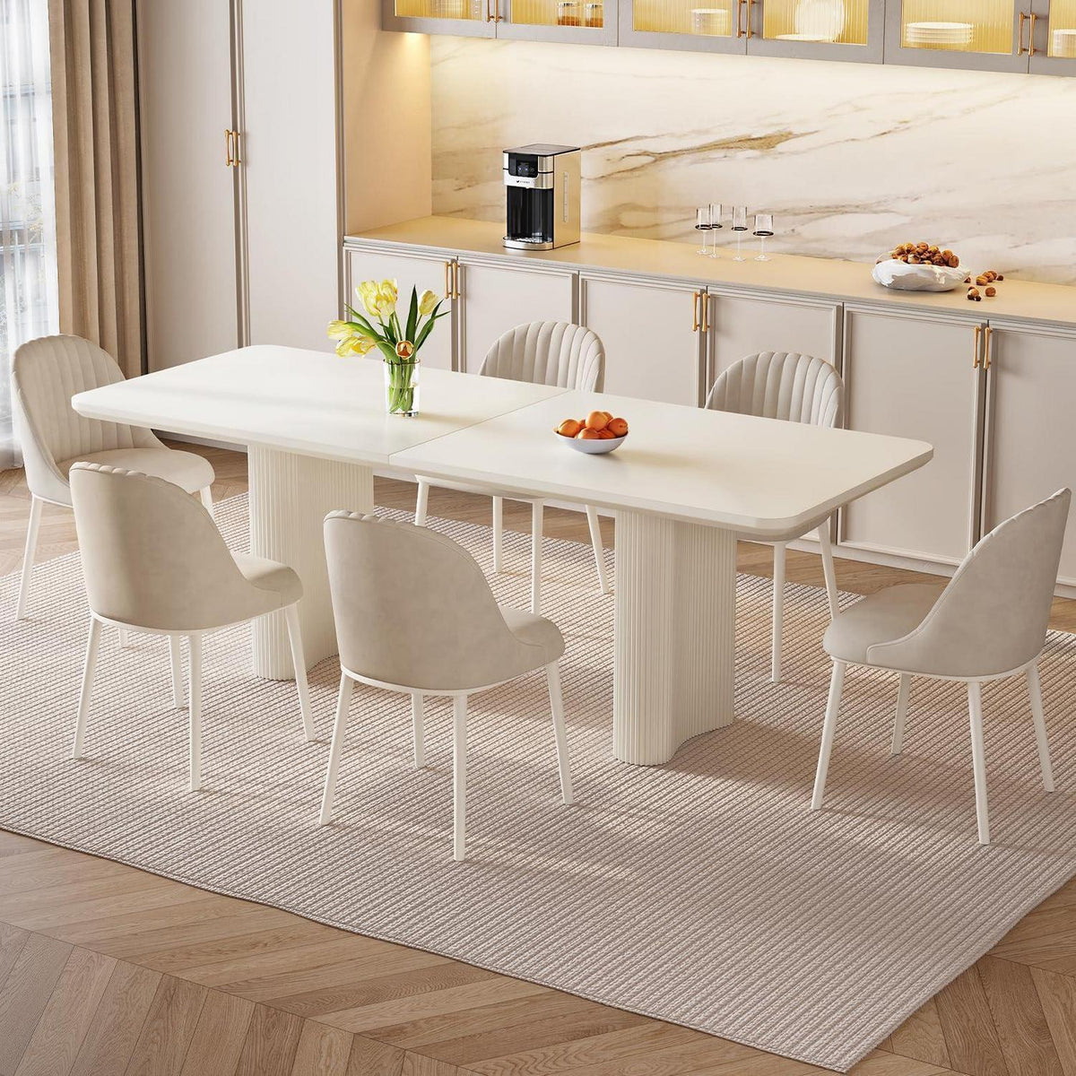 Rechteckiger Esstisch Creme mit 6 Stühlen (200 cm)