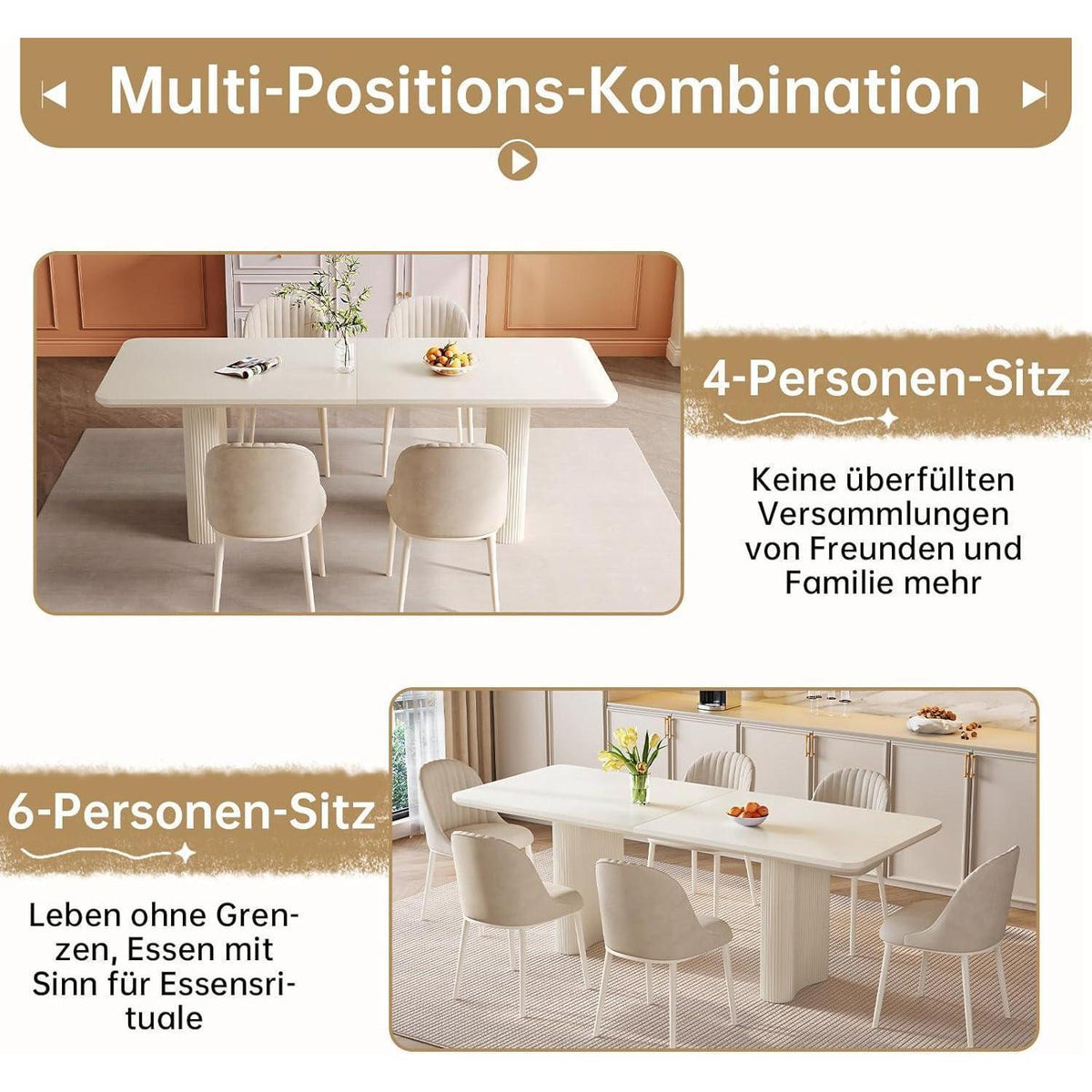 Rechteckiger Esstisch Creme mit 6 Stühlen (200 cm)