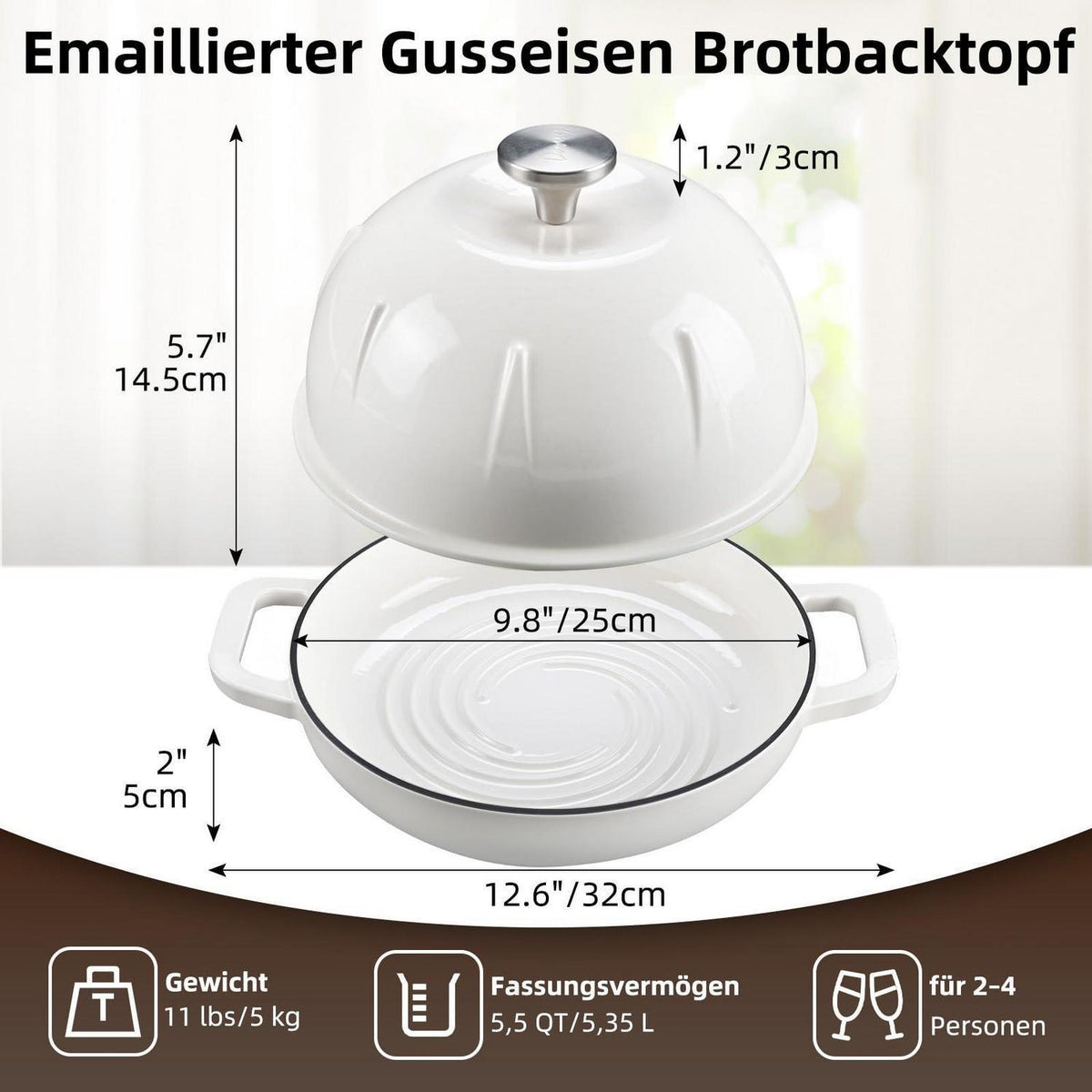 Emaillierter Gusseisen-Brotbacktopf 5,35L Weiß