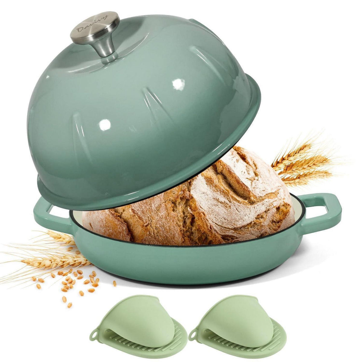 Gusseisen Brotbacktopf 5,35L Meersalzgrün mit Handschuhen