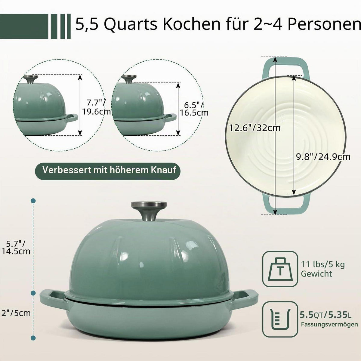Gusseisen Brotbacktopf 5,35L Meersalzgrün mit Handschuhen