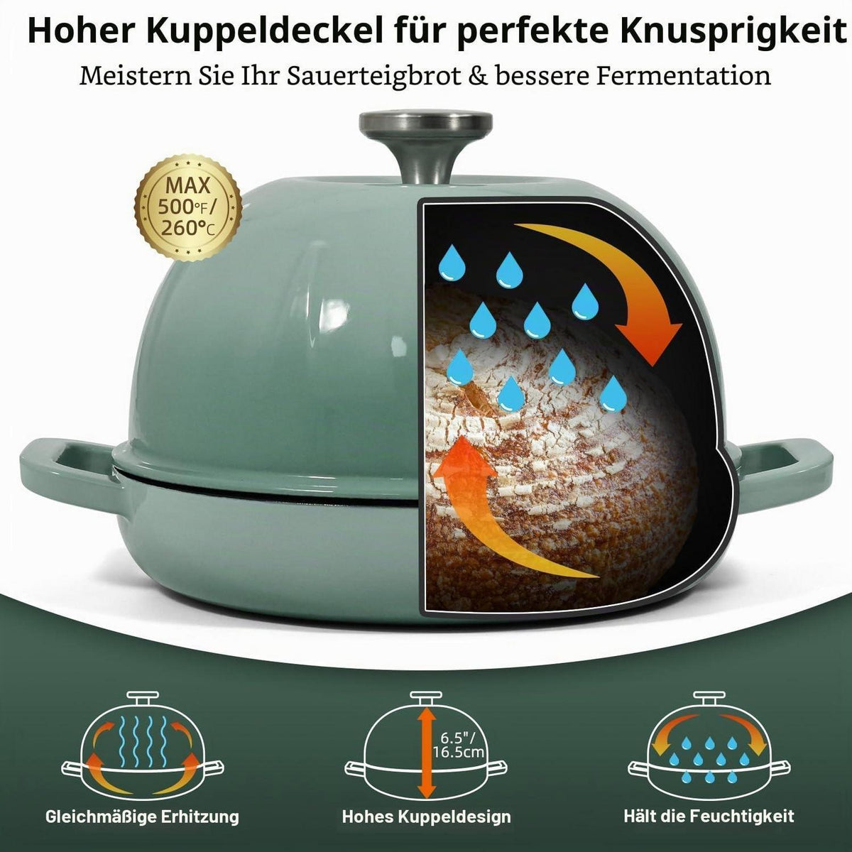 Gusseisen Brotbacktopf 5,35L Meersalzgrün mit Ofenhandschuhen