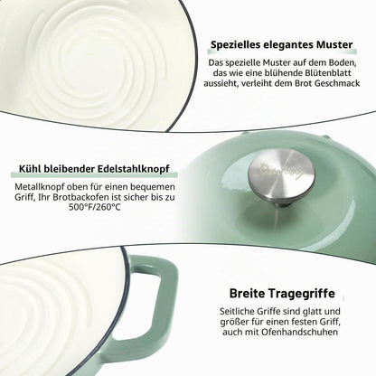 Gusseisen Brotbacktopf 5,35L Meersalzgrün mit Ofenhandschuhen