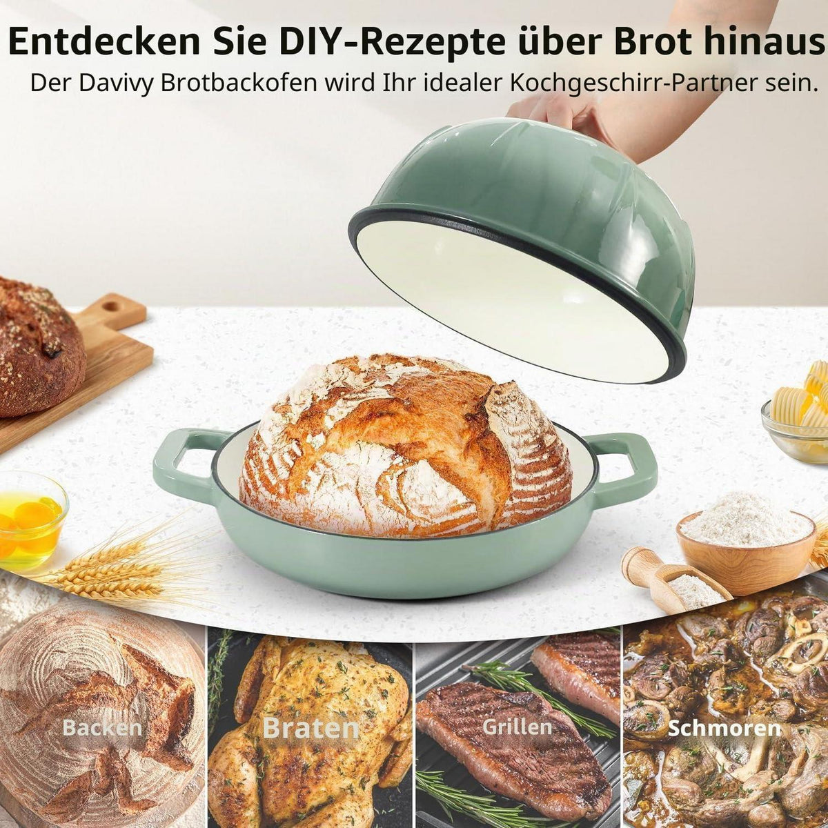 Gusseisen Brotbacktopf 5,35L Meersalzgrün mit Ofenhandschuhen