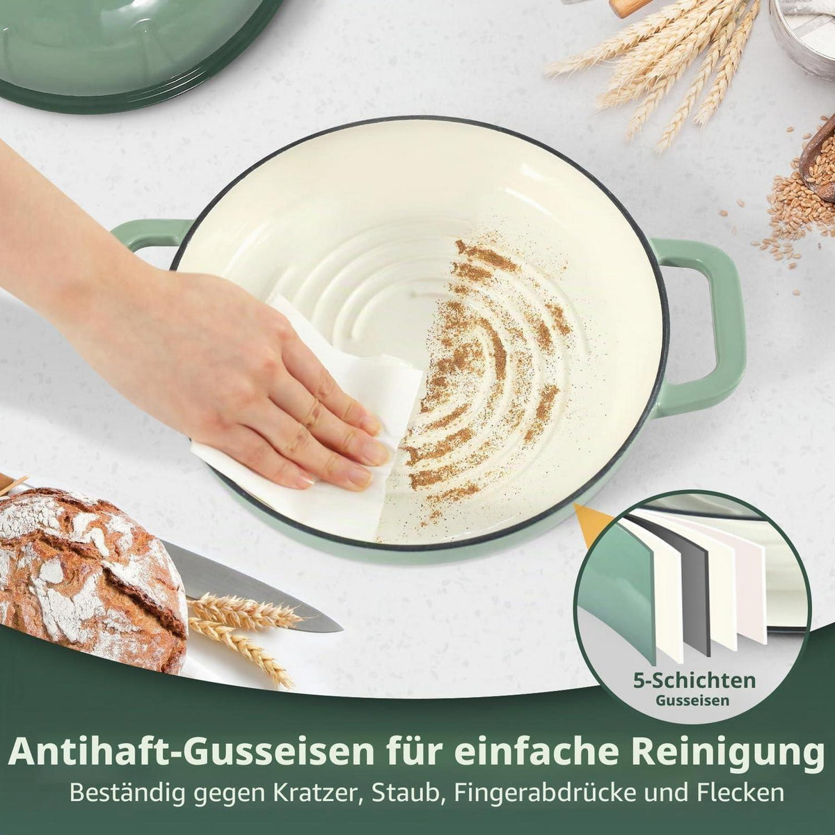 Gusseisen Brotbacktopf 5,35L Meersalzgrün mit Ofenhandschuhen