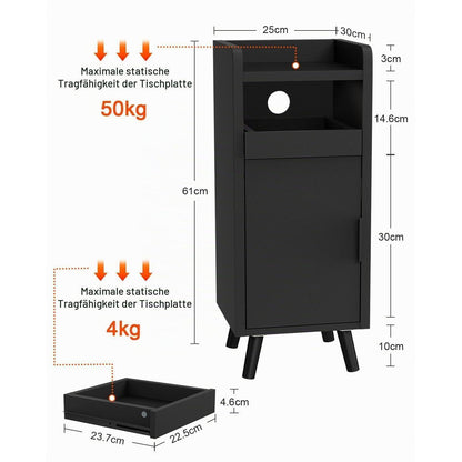 Nachttisch 2er Set Schwarz – Schmaler Nachtschrank mit Schublade