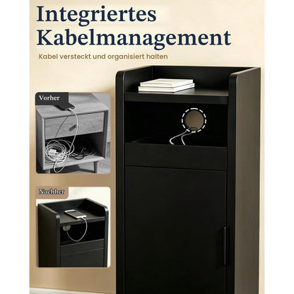 Nachttisch 2er Set Schwarz – Schmaler Nachtschrank mit Schublade