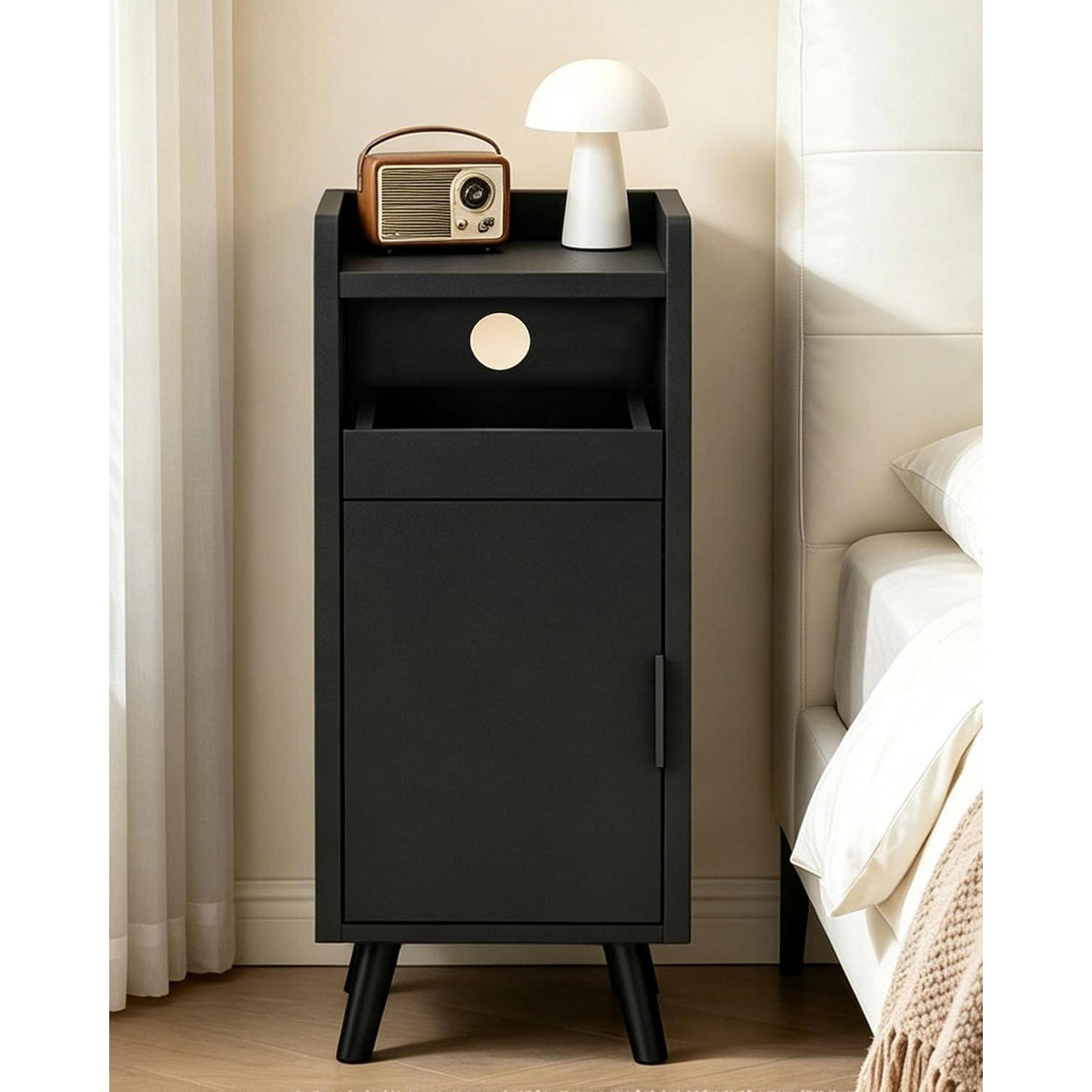 Nachttisch 2er Set Schwarz – Schmaler Nachtschrank mit Schublade