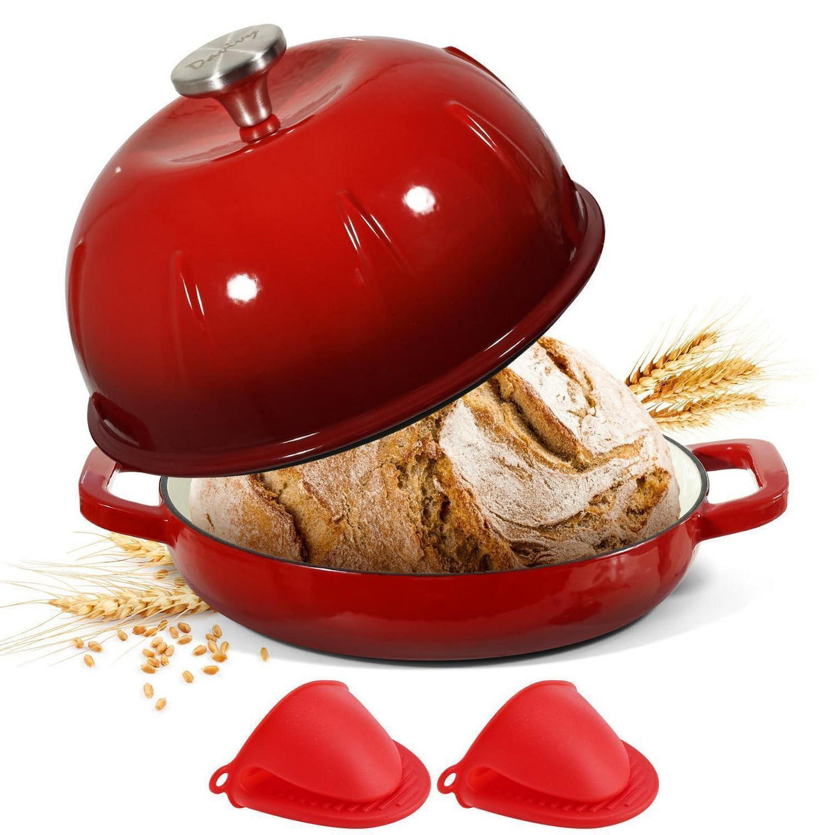 Gusseisen Brotbacktopf 5,35L Kirschrot mit Ofenhandschuhen