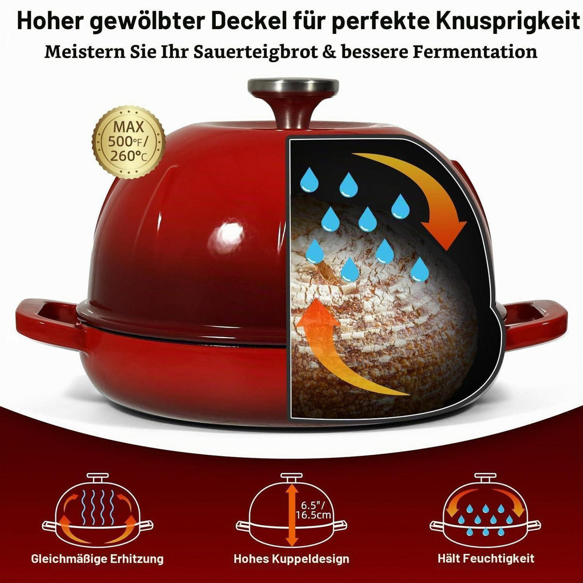 Gusseisen Brotbacktopf 5,35L mit Ofenhandschuhen - Kirschrot