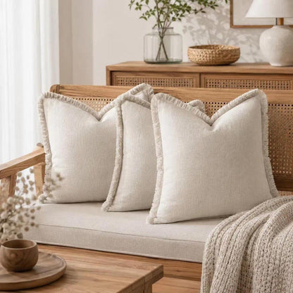 2er Set Baumwoll Kissenbezüge mit Fransen, 60x60 cm, Beige