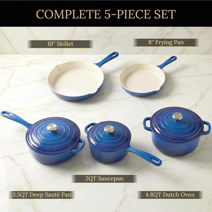 5-teiliges blaues Emaille-Gusseisen Kochgeschirr Set