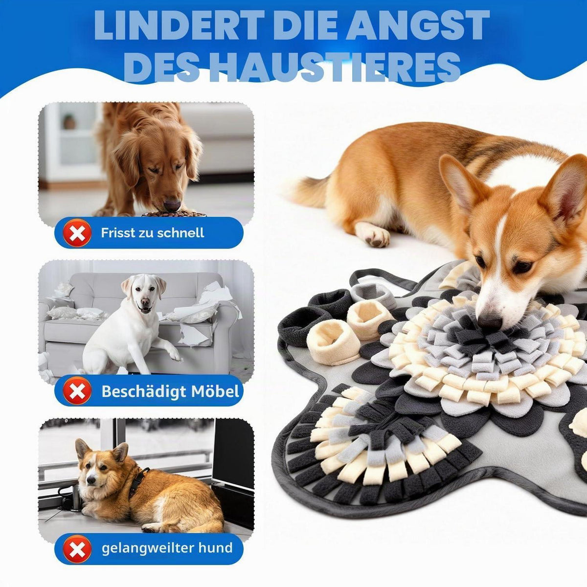 Schnüffelteppich Hund 60x60 cm – Grau, Interaktives Spielzeug