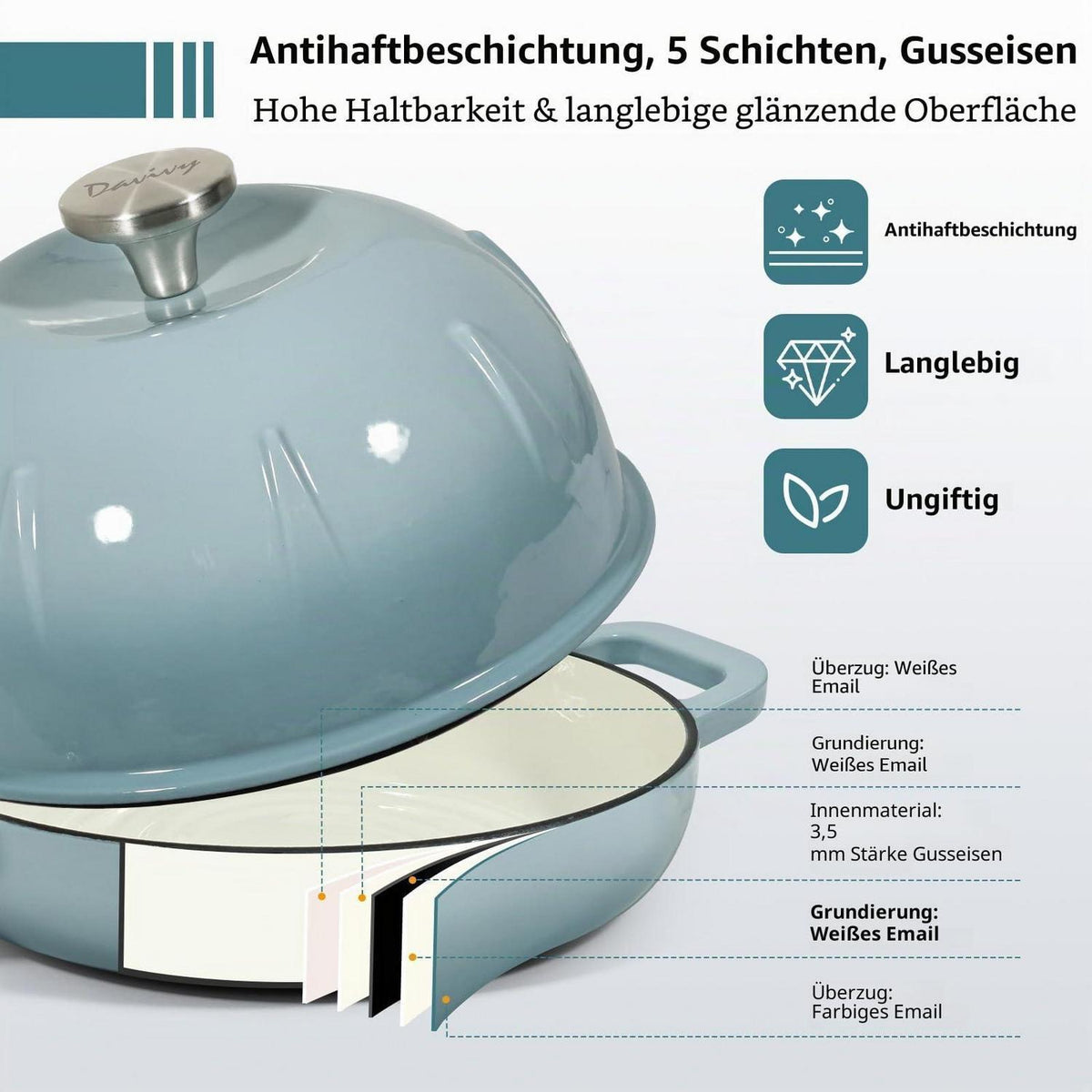 Gusseisen Brotbacktopf 5,35L mit Ofenhandschuhen – Meersalzblau