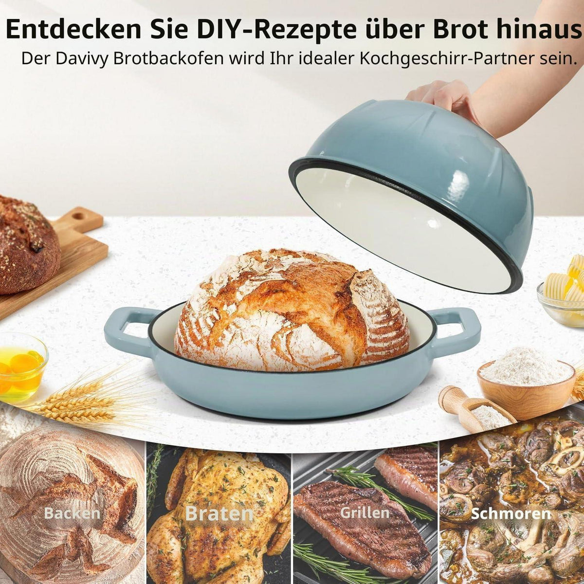 Gusseisen Brotbacktopf 5,35L mit Ofenhandschuhen – Meersalzblau