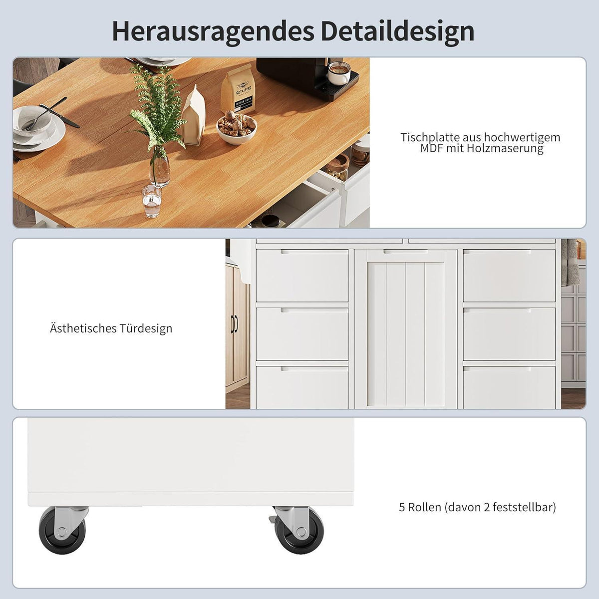 Moderne Kücheninsel mit Rollen & Schubladen (Weiß)