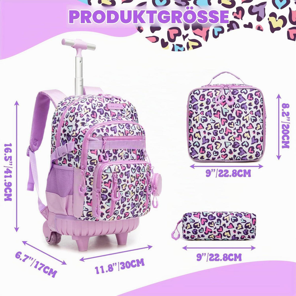 Schulrucksack Trolley Mädchen Herz Motiv – Schultasche mit Rollen