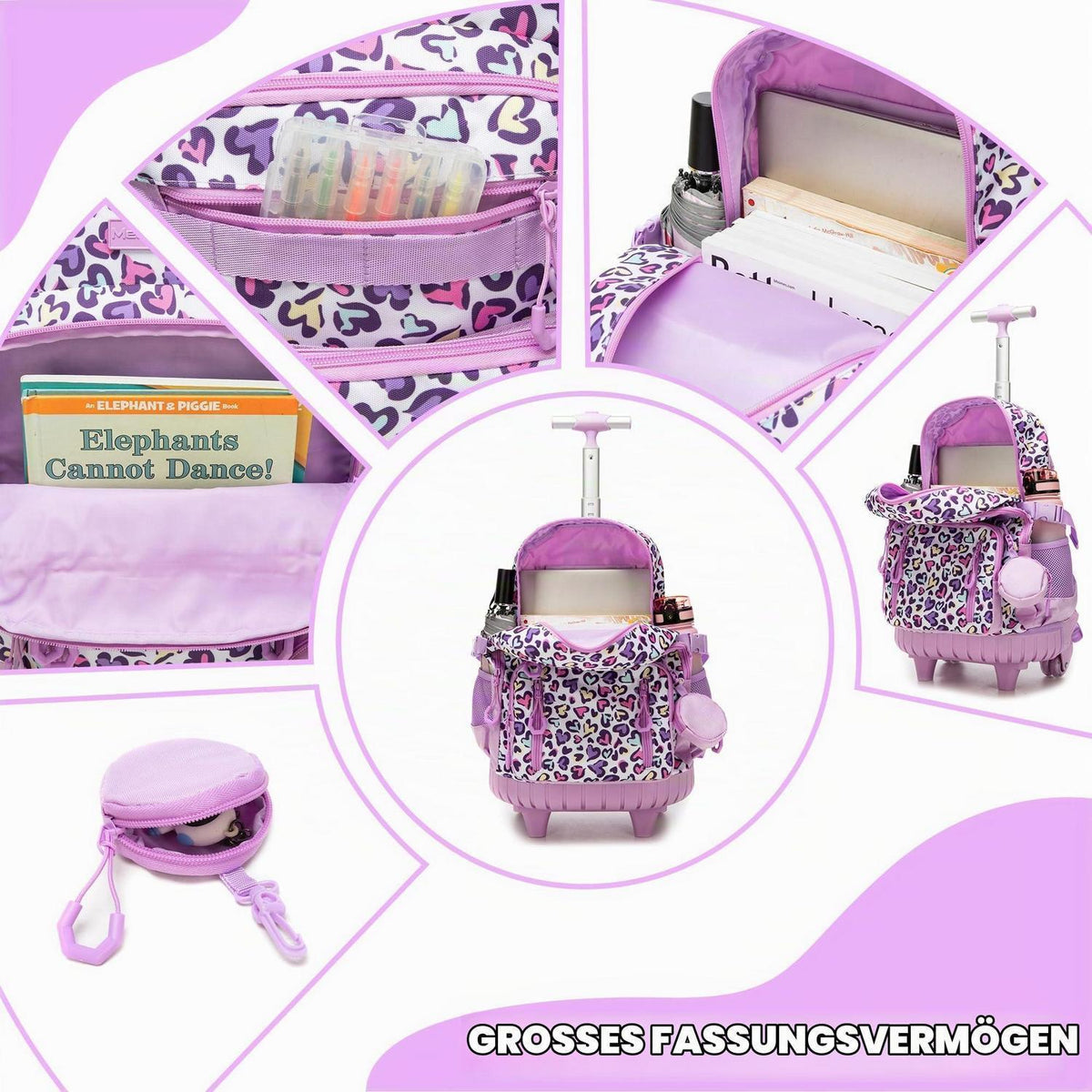 Schulrucksack Trolley Mädchen Herz Motiv – Schultasche mit Rollen