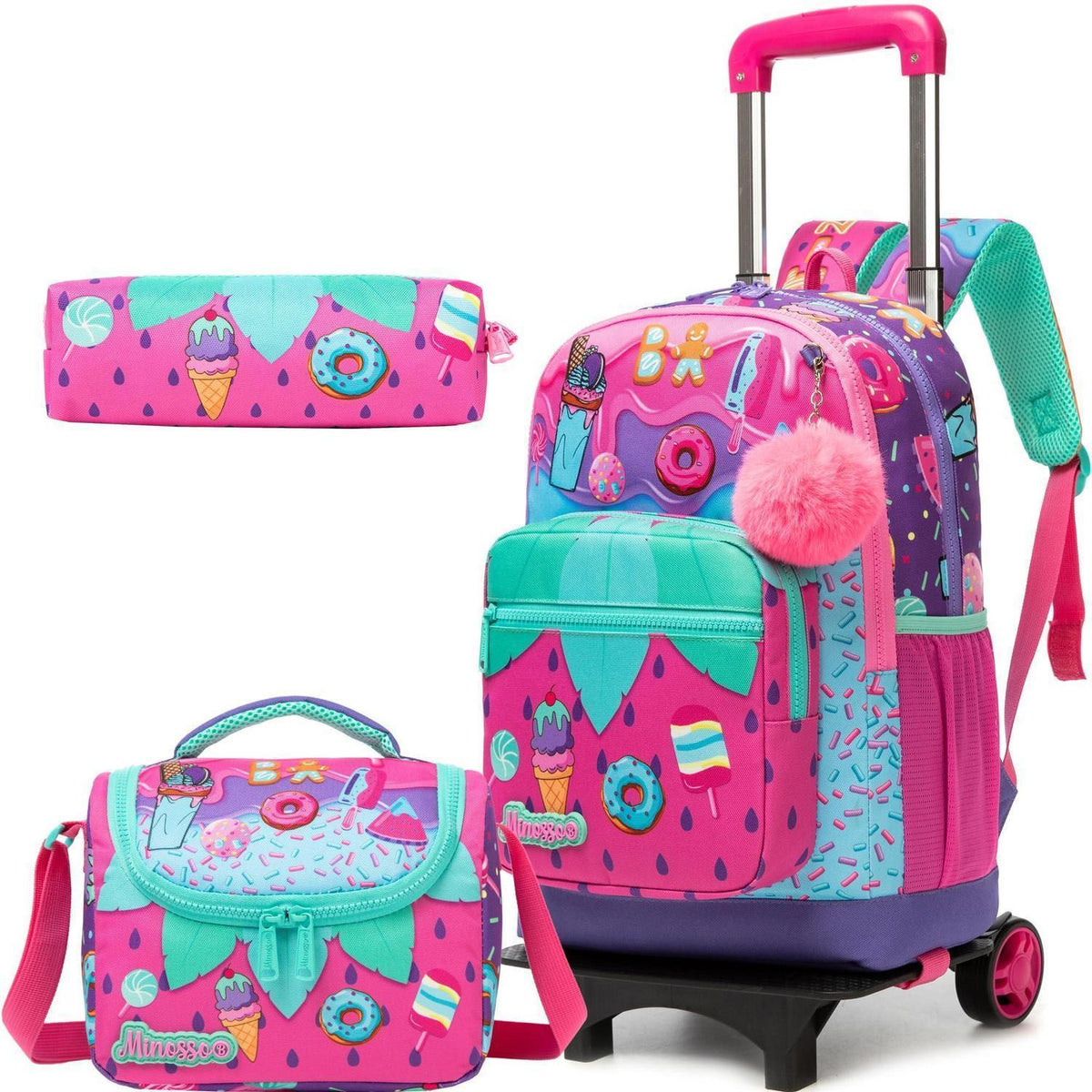 Schulrucksack Trolley Mädchen Rosa Eiscreme mit Lunchbag & Federmäppchen
