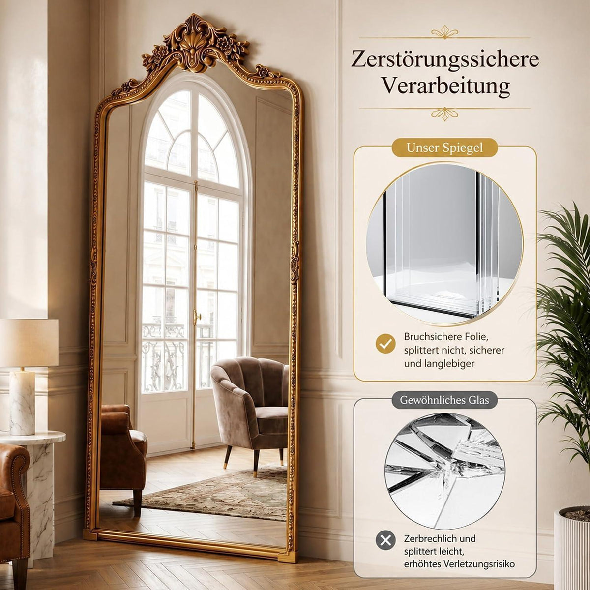 Großer Standspiegel Retro Gold | 175x70 cm | Ganzkörperspiegel mit Haken