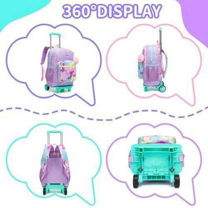 Schulrucksack Trolley Mädchen Lila Blumen – 3in1 Set mit Lunchbag & Federmäppchen