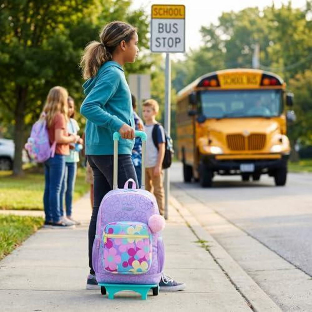 Schulrucksack Trolley Mädchen Lila Blumen – 3in1 Set mit Lunchbag & Federmäppchen