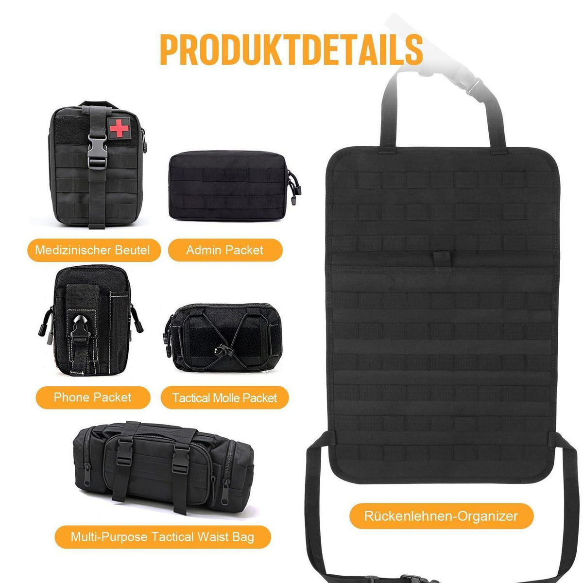 Taktischer Autositz Organizer mit Molle & 5 Fächern Schwarz
